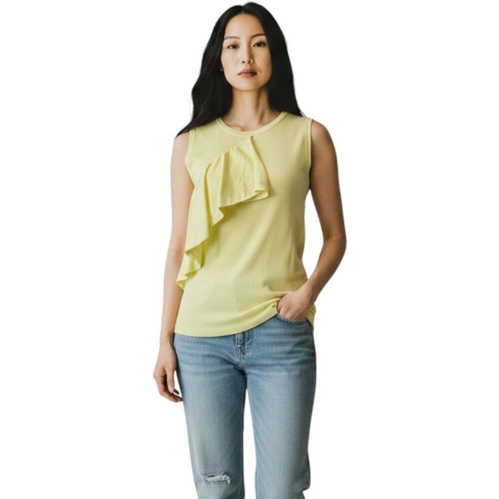 Warehouse Yellow Ribbed Sleeveless Tank Asymmetric Ruffle Detail Size 6 NWT
